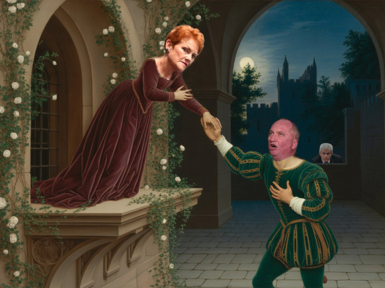 Barnaby Joyce & Pauline Hanson play the part of Romeo & Juliet whilst Malcolm Roberts, love sick, looks on.